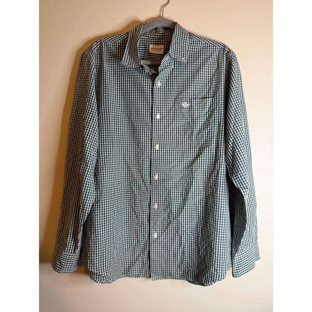 Dockers Mens Green Gingham Check Long Sleeve Button Down Shirt Pocket Logo XL